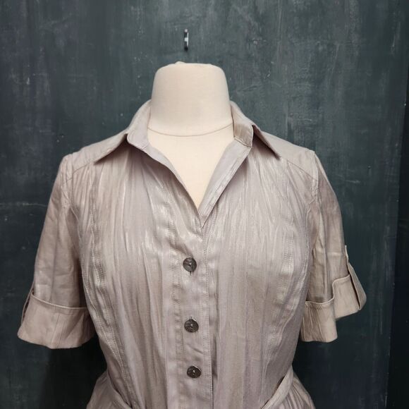 Chico's Button Front Shirt Dress Beige Shimmer 3.5/ XL Short Sleeves Pockets - Picture 2 of 15